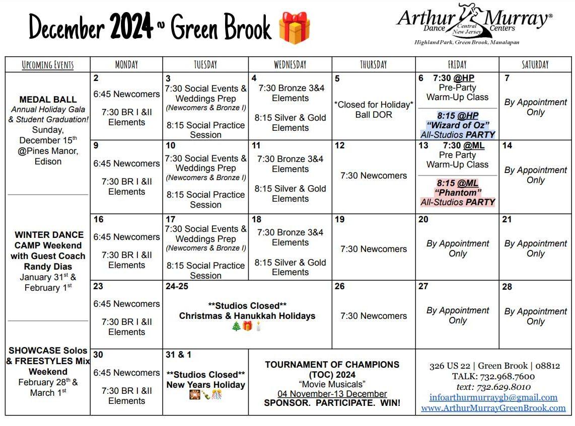 Arthur Murray Green Brook-December 2024 Calendar