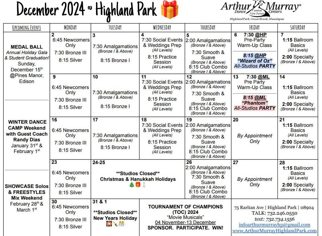 Arthur Murray Highland Park December 2024 Calendar